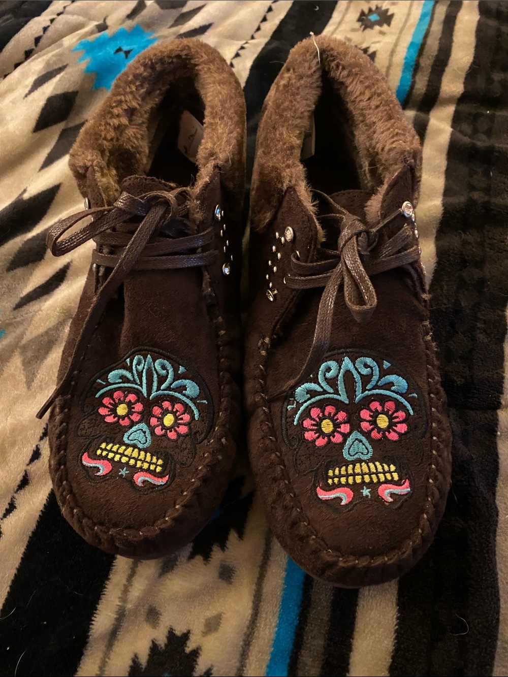 Montana West Brown women Moccasin Slippers with Colorful Embroidered Sugar Skull